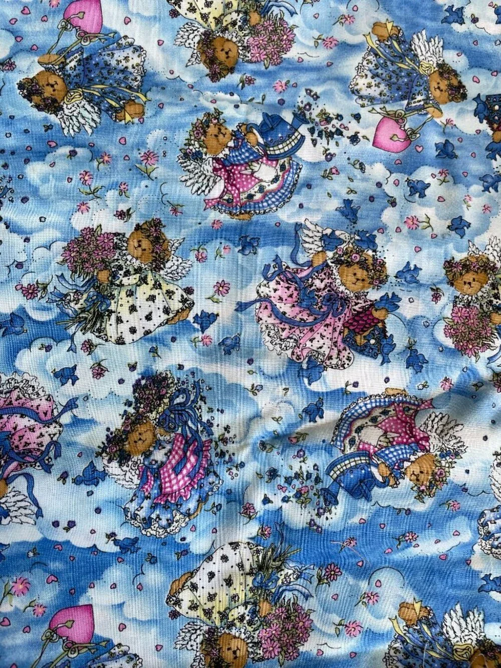 44 x 28” Vintage Retro Teddy Bear Floral Print  Cotton Fabric Quilting Crafting